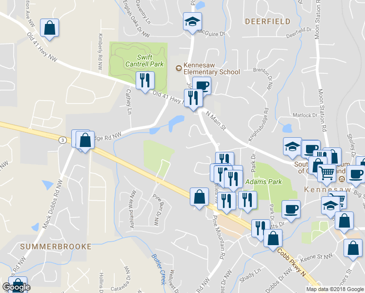 map of restaurants, bars, coffee shops, grocery stores, and more near 1046 Kennesborough Road Northwest in Kennesaw