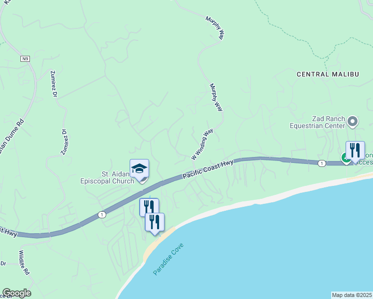 map of restaurants, bars, coffee shops, grocery stores, and more near 6420 Delaplane Road in Malibu