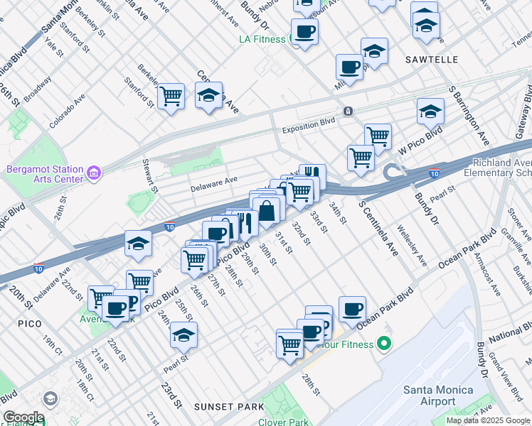 map of restaurants, bars, coffee shops, grocery stores, and more near 3033 Urban Avenue in Santa Monica
