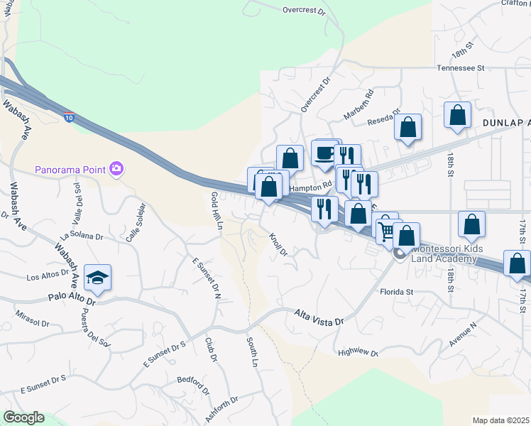 map of restaurants, bars, coffee shops, grocery stores, and more near 12567 Knoll Drive in Redlands
