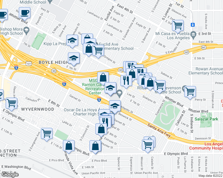 map of restaurants, bars, coffee shops, grocery stores, and more near 1018 South Concord Street in Los Angeles