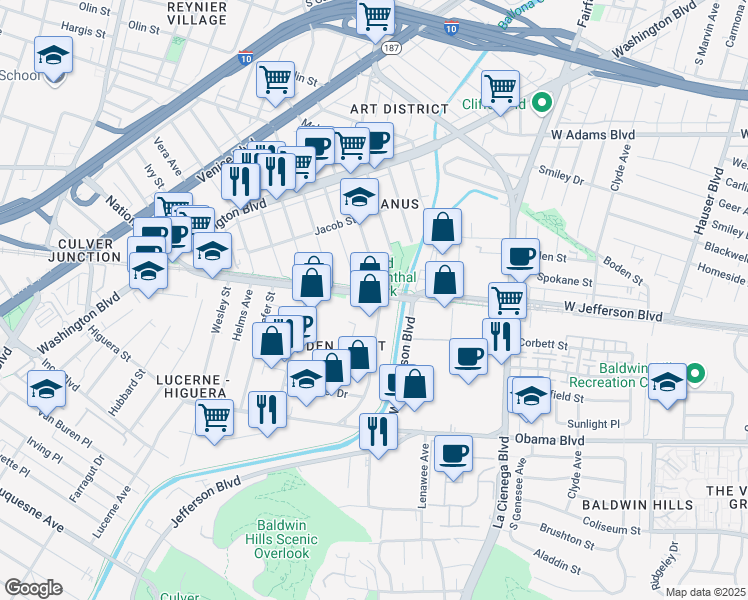 map of restaurants, bars, coffee shops, grocery stores, and more near 8512 National Boulevard in Culver City