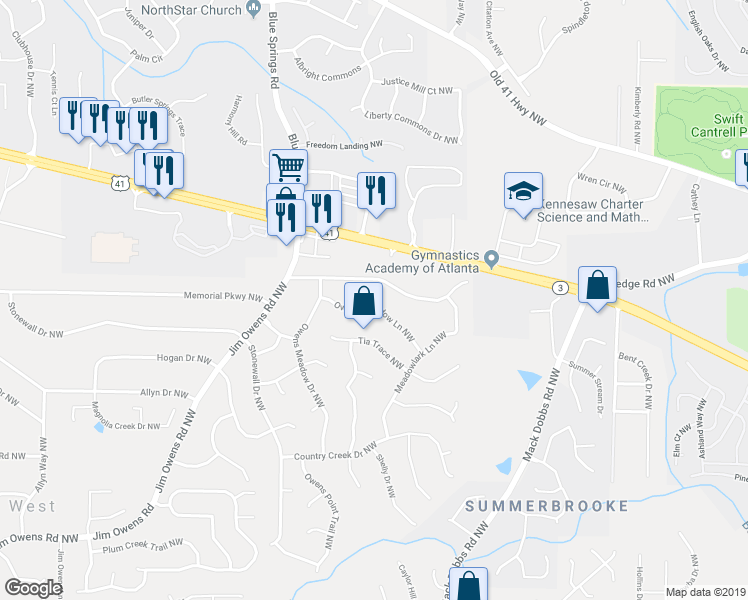 map of restaurants, bars, coffee shops, grocery stores, and more near 3288 Owens Meadow Lane Northwest in Kennesaw