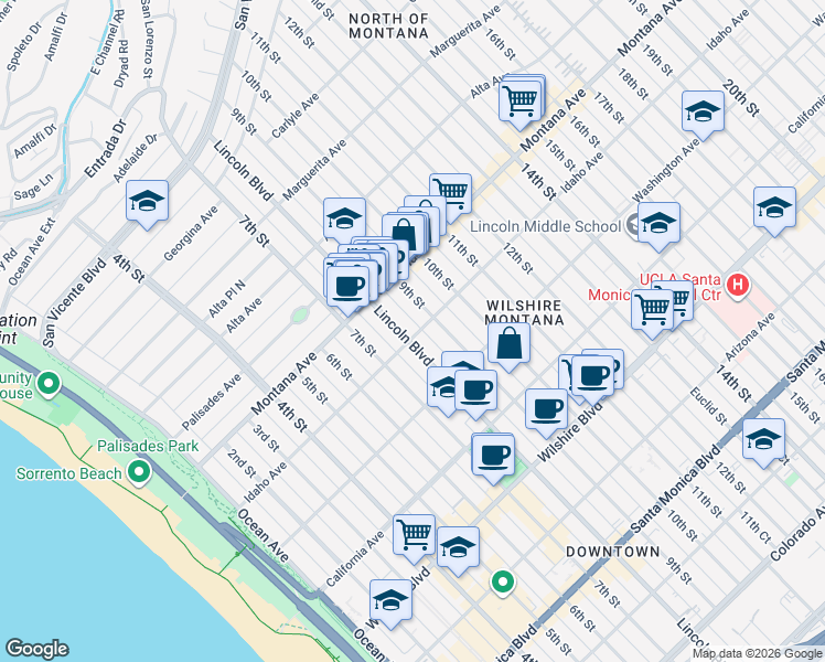 map of restaurants, bars, coffee shops, grocery stores, and more near 801 Idaho Avenue in Santa Monica