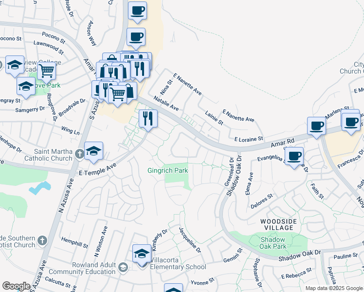 map of restaurants, bars, coffee shops, grocery stores, and more near 2636 Altamira Drive in West Covina