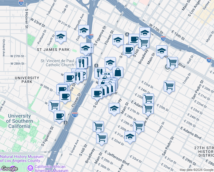 map of restaurants, bars, coffee shops, grocery stores, and more near 229 West 25th Street in Los Angeles