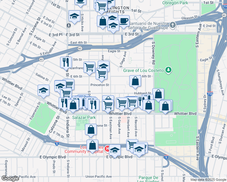 map of restaurants, bars, coffee shops, grocery stores, and more near 660 South Eastman Avenue in Los Angeles