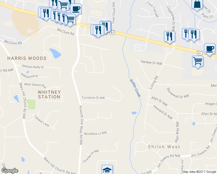 map of restaurants, bars, coffee shops, grocery stores, and more near 4002 Turnstone Drive Northwest in Kennesaw