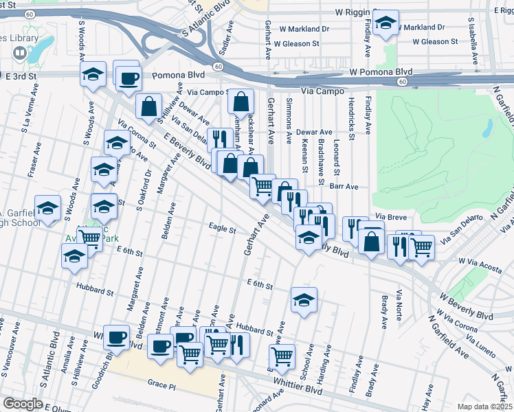 map of restaurants, bars, coffee shops, grocery stores, and more near in East Los Angeles