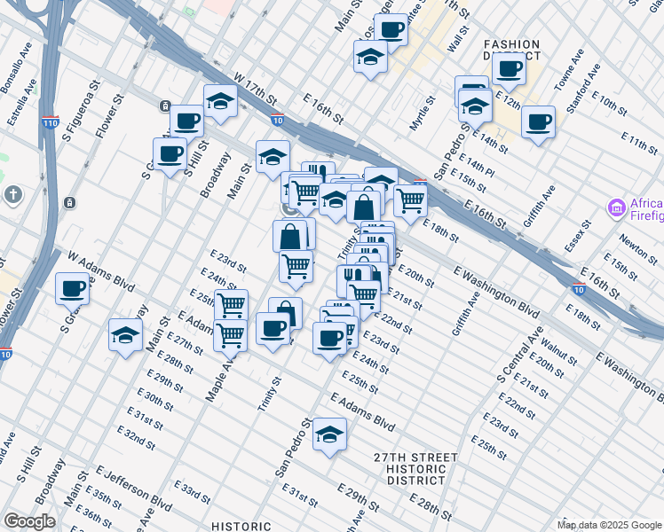 map of restaurants, bars, coffee shops, grocery stores, and more near 2221 1/2 Trinity Street in Los Angeles