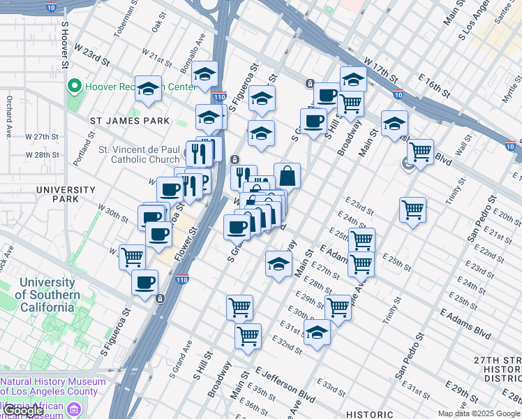 map of restaurants, bars, coffee shops, grocery stores, and more near 229 West 25th Street in Los Angeles