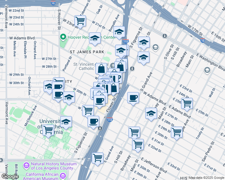 map of restaurants, bars, coffee shops, grocery stores, and more near 2800 South Figueroa Street in Los Angeles