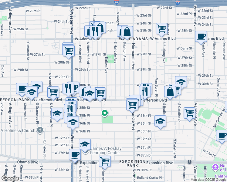 map of restaurants, bars, coffee shops, grocery stores, and more near 1571 West Jefferson Boulevard in Los Angeles