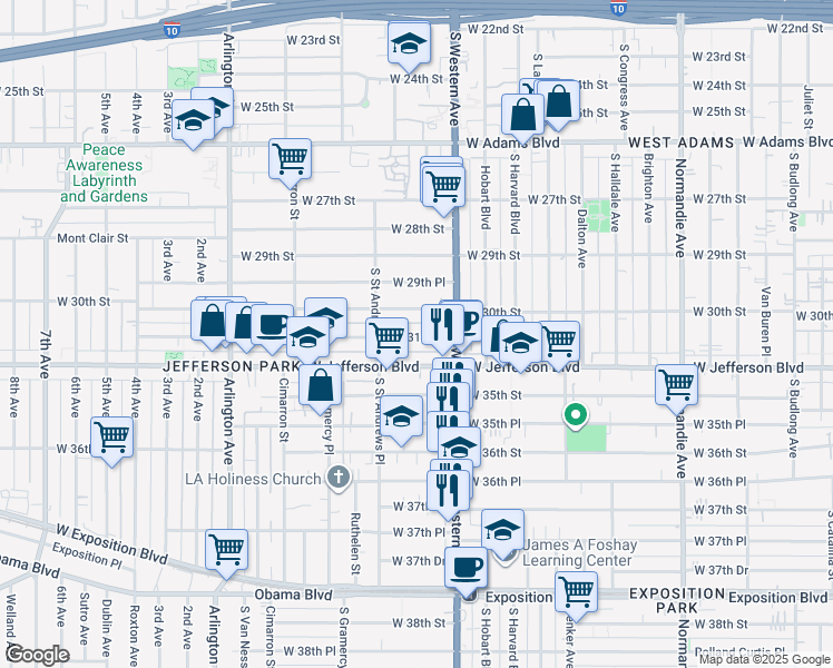 map of restaurants, bars, coffee shops, grocery stores, and more near 1861 West Jefferson Boulevard in Los Angeles