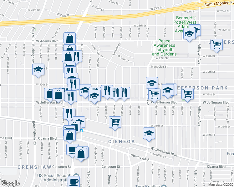 map of restaurants, bars, coffee shops, grocery stores, and more near 3037 West Jefferson Boulevard in Los Angeles