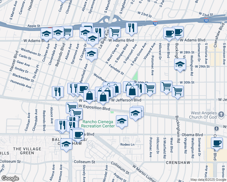 map of restaurants, bars, coffee shops, grocery stores, and more near 4841 West Jefferson Boulevard in Los Angeles