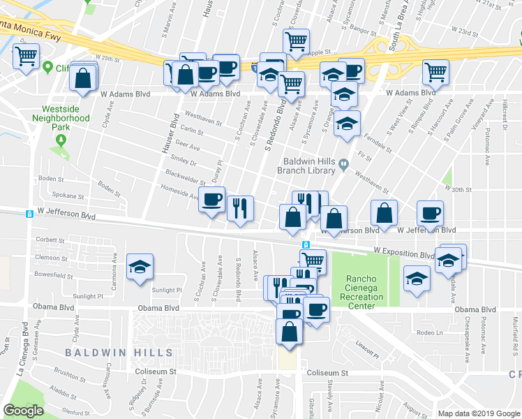 map of restaurants, bars, coffee shops, grocery stores, and more near 3022 Alsace Avenue in Los Angeles