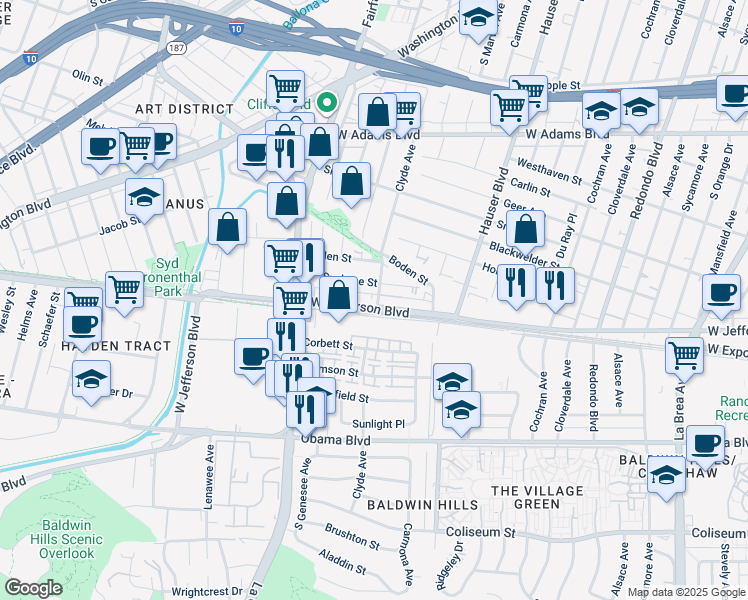 map of restaurants, bars, coffee shops, grocery stores, and more near 5551 West Jefferson Boulevard in Los Angeles