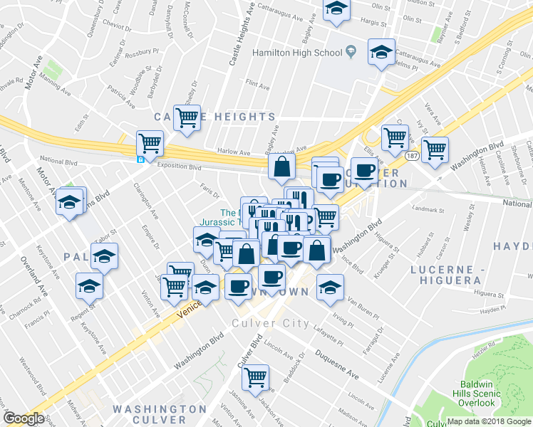 map of restaurants, bars, coffee shops, grocery stores, and more near 3756 Cardiff Avenue in Los Angeles