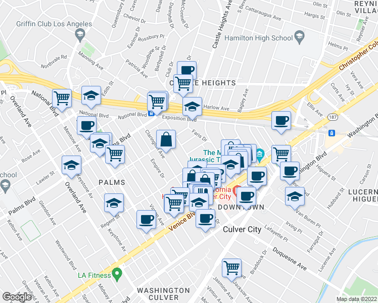 map of restaurants, bars, coffee shops, grocery stores, and more near 3663 Hughes Avenue in Los Angeles