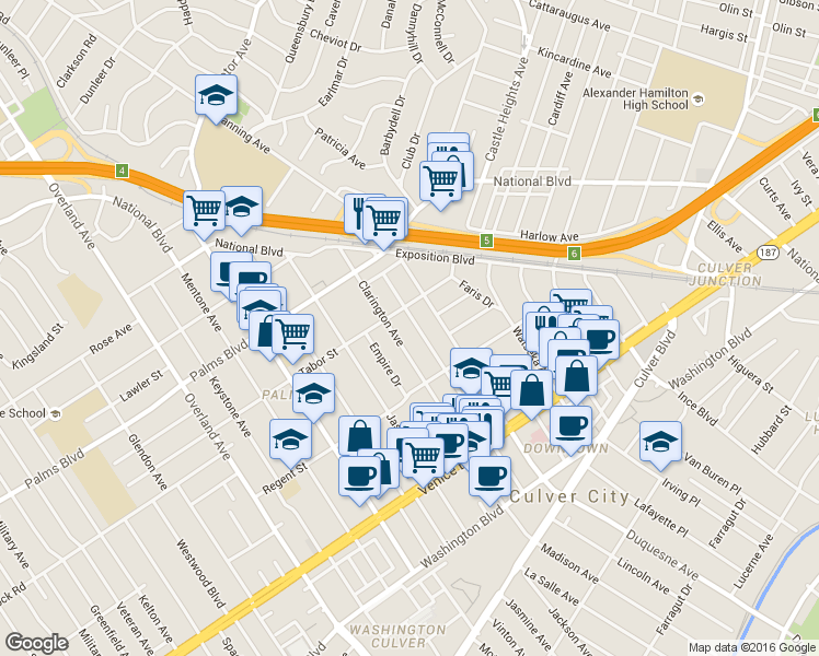 map of restaurants, bars, coffee shops, grocery stores, and more near 3642 Clarington Avenue in Los Angeles