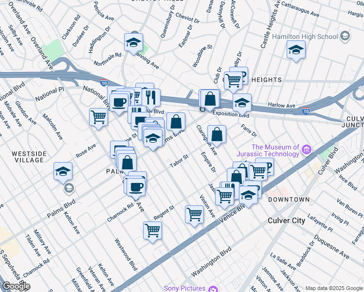 map of restaurants, bars, coffee shops, grocery stores, and more near 10203 Tabor Street in Los Angeles