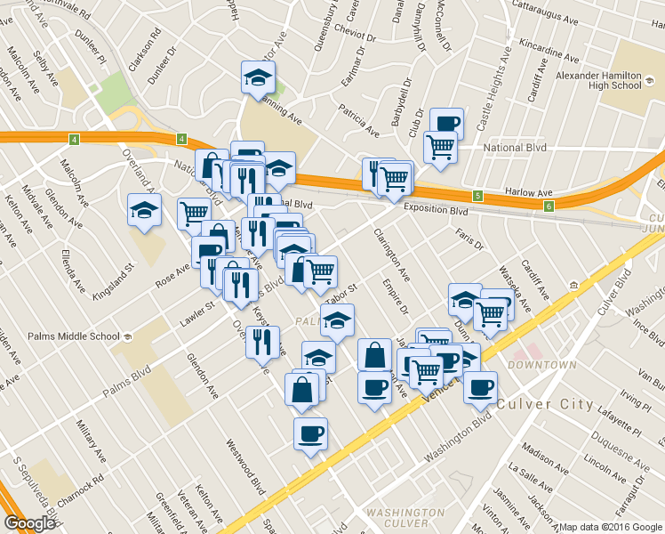 map of restaurants, bars, coffee shops, grocery stores, and more near 3520 Motor Avenue in Los Angeles