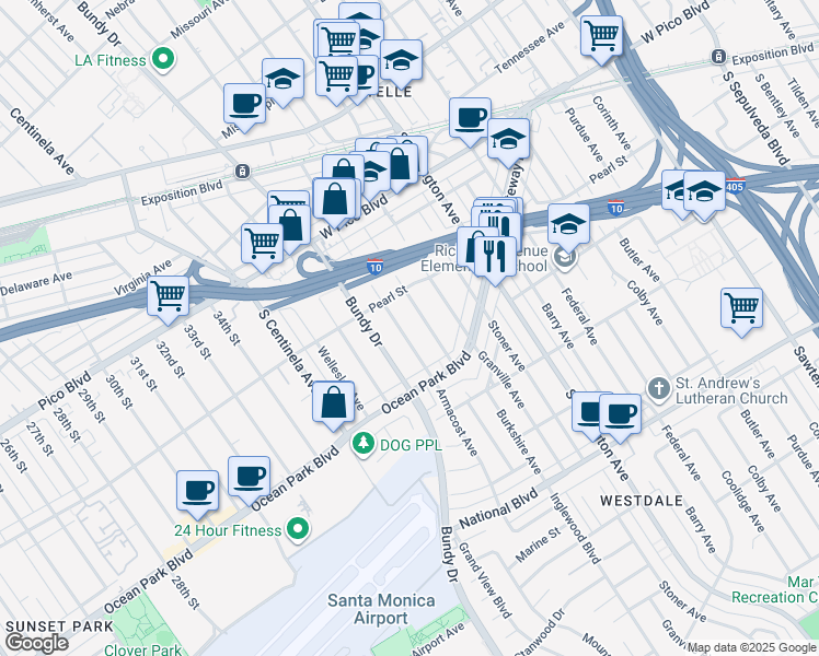 map of restaurants, bars, coffee shops, grocery stores, and more near 2564 Armacost Avenue in Los Angeles