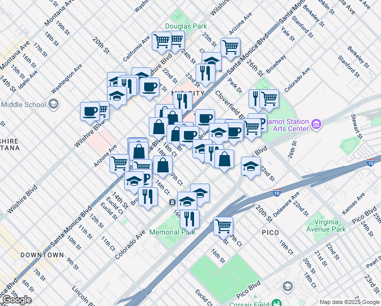 map of restaurants, bars, coffee shops, grocery stores, and more near 1524 19th Street in Santa Monica