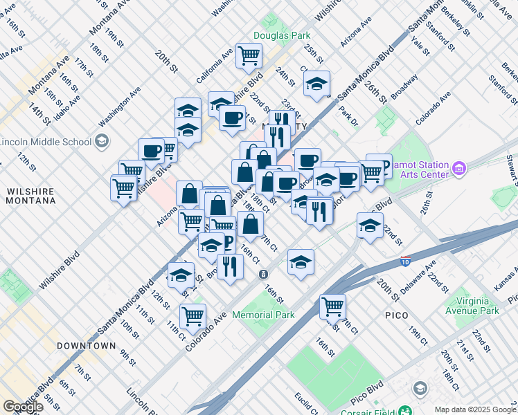 map of restaurants, bars, coffee shops, grocery stores, and more near 1800 Broadway in Santa Monica
