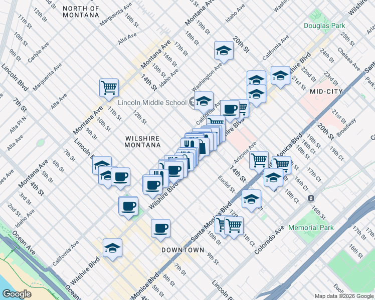 map of restaurants, bars, coffee shops, grocery stores, and more near in Santa Monica