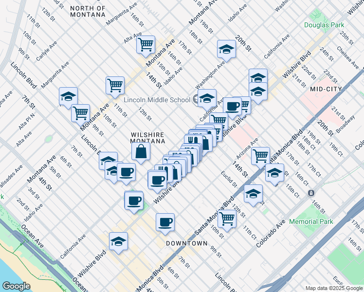 map of restaurants, bars, coffee shops, grocery stores, and more near 1122 California Avenue in Santa Monica