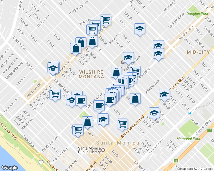 map of restaurants, bars, coffee shops, grocery stores, and more near 1122 California Avenue in Santa Monica