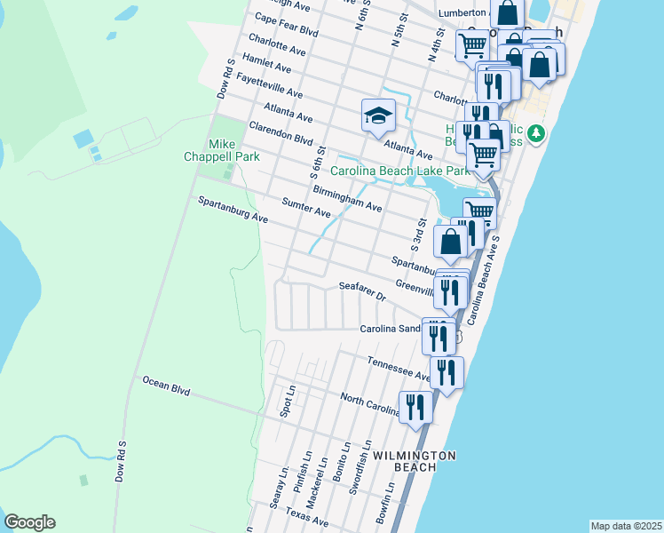 map of restaurants, bars, coffee shops, grocery stores, and more near 606 Seafarer Drive in Carolina Beach