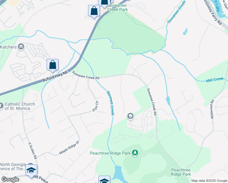 map of restaurants, bars, coffee shops, grocery stores, and more near 3408 Rising Fawn Trail in Suwanee