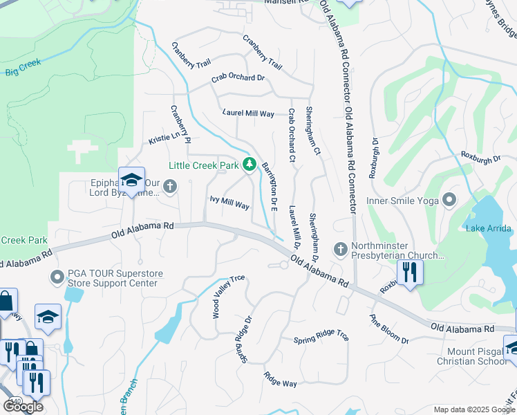 map of restaurants, bars, coffee shops, grocery stores, and more near 655 Barrington Way in Roswell