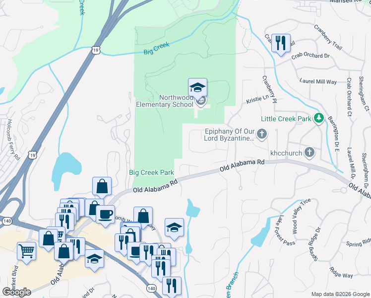 map of restaurants, bars, coffee shops, grocery stores, and more near 405 Tyson Circle in Roswell