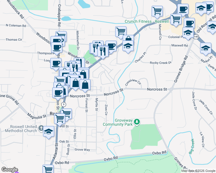 map of restaurants, bars, coffee shops, grocery stores, and more near 806 Roswell Landings Drive in Roswell
