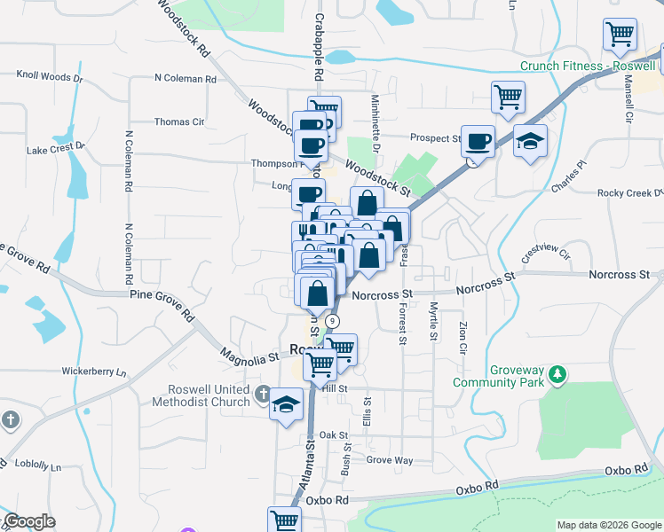 map of restaurants, bars, coffee shops, grocery stores, and more near 1025 Canton Street in Roswell