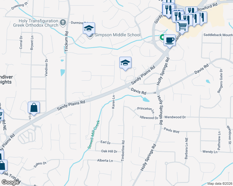 map of restaurants, bars, coffee shops, grocery stores, and more near 3090 Karen Lane in Marietta