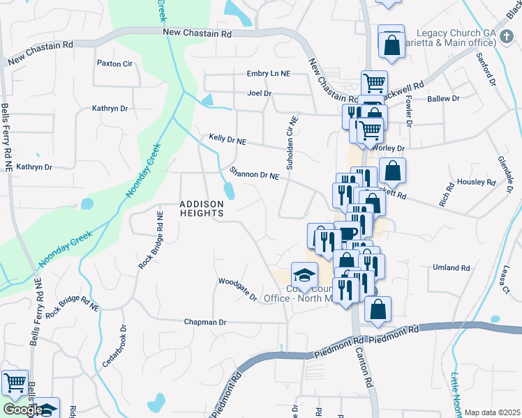 map of restaurants, bars, coffee shops, grocery stores, and more near 3195 Vickery Drive Northeast in Marietta