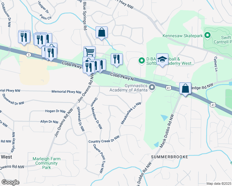 map of restaurants, bars, coffee shops, grocery stores, and more near 3288 Owens Meadow Lane Northwest in Kennesaw
