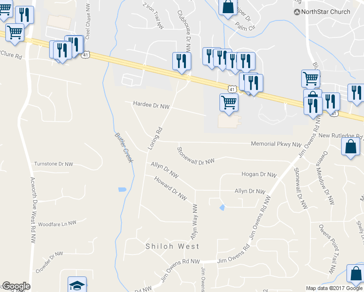 map of restaurants, bars, coffee shops, grocery stores, and more near 3812 Stonewall Drive Northwest in Kennesaw