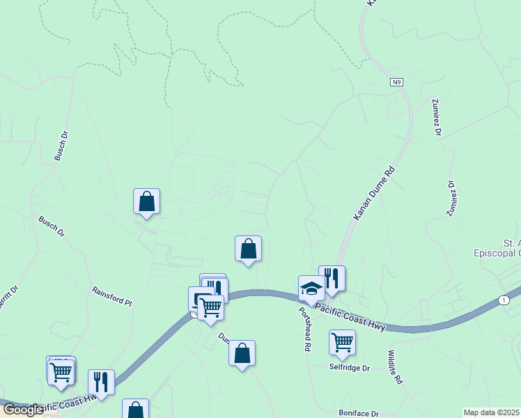 map of restaurants, bars, coffee shops, grocery stores, and more near 6333 Gayton Place in Malibu