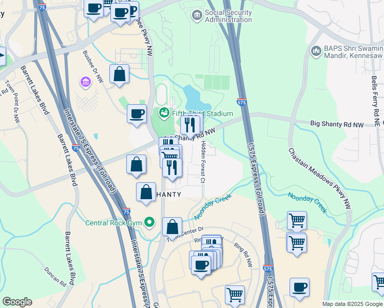 map of restaurants, bars, coffee shops, grocery stores, and more near 3079 Hidden Forest Court in Marietta