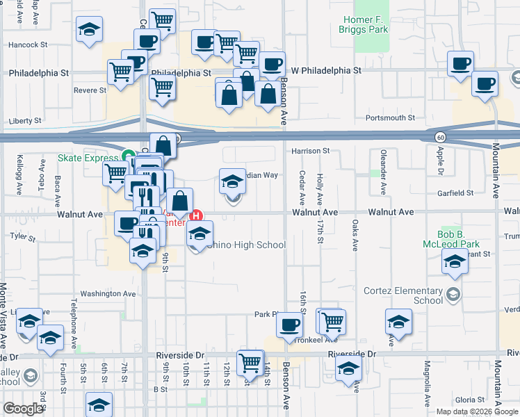 map of restaurants, bars, coffee shops, grocery stores, and more near 12485 Jacaranda Avenue in Chino
