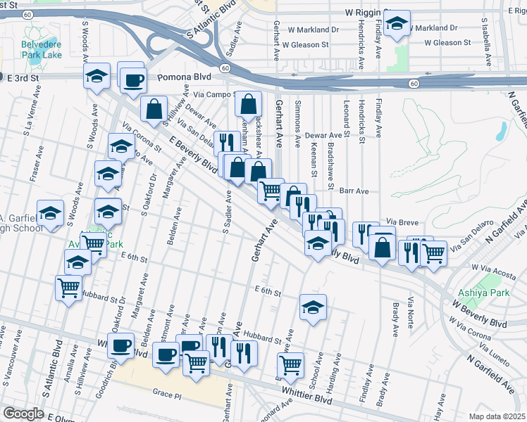 map of restaurants, bars, coffee shops, grocery stores, and more near 5683 Via Corona Street in East Los Angeles
