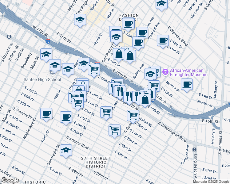 map of restaurants, bars, coffee shops, grocery stores, and more near 846 East Washington Boulevard in Los Angeles