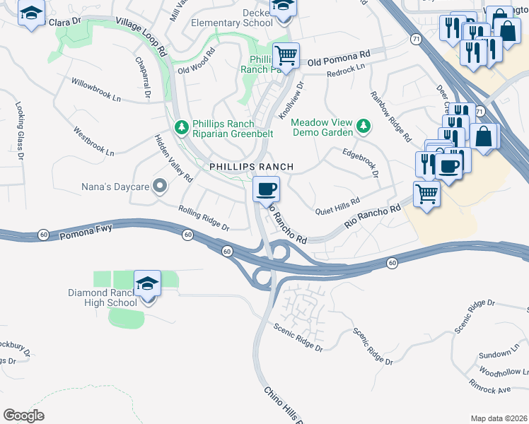 map of restaurants, bars, coffee shops, grocery stores, and more near 1 Spyglass Avenue in Pomona