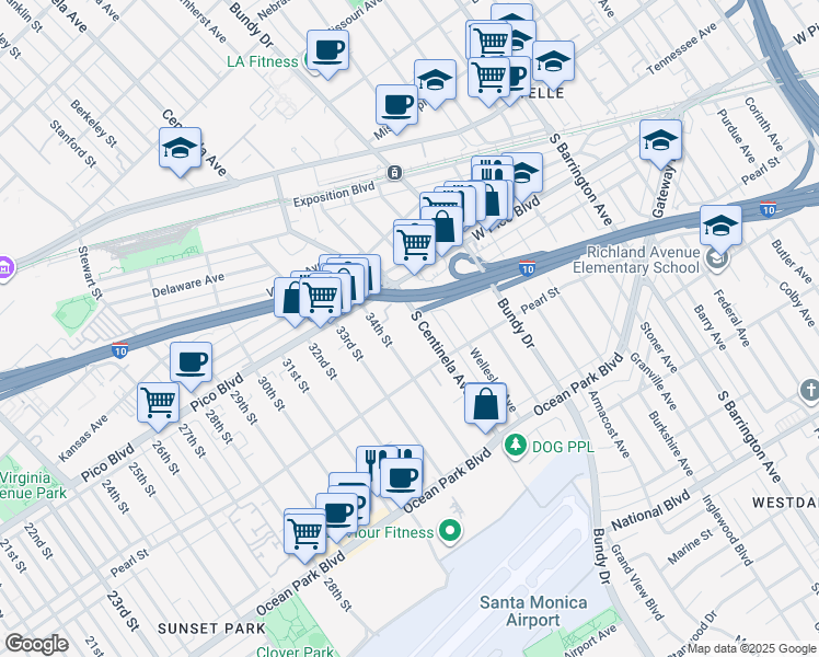map of restaurants, bars, coffee shops, grocery stores, and more near 2423 South Centinela Avenue in Santa Monica